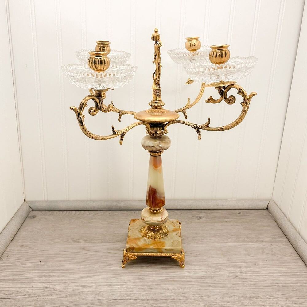 Hollywood Regency Brass Candelabra with Onyx Gilt Bronze and Cut Glass Cre-Art - Picture 3 of 10